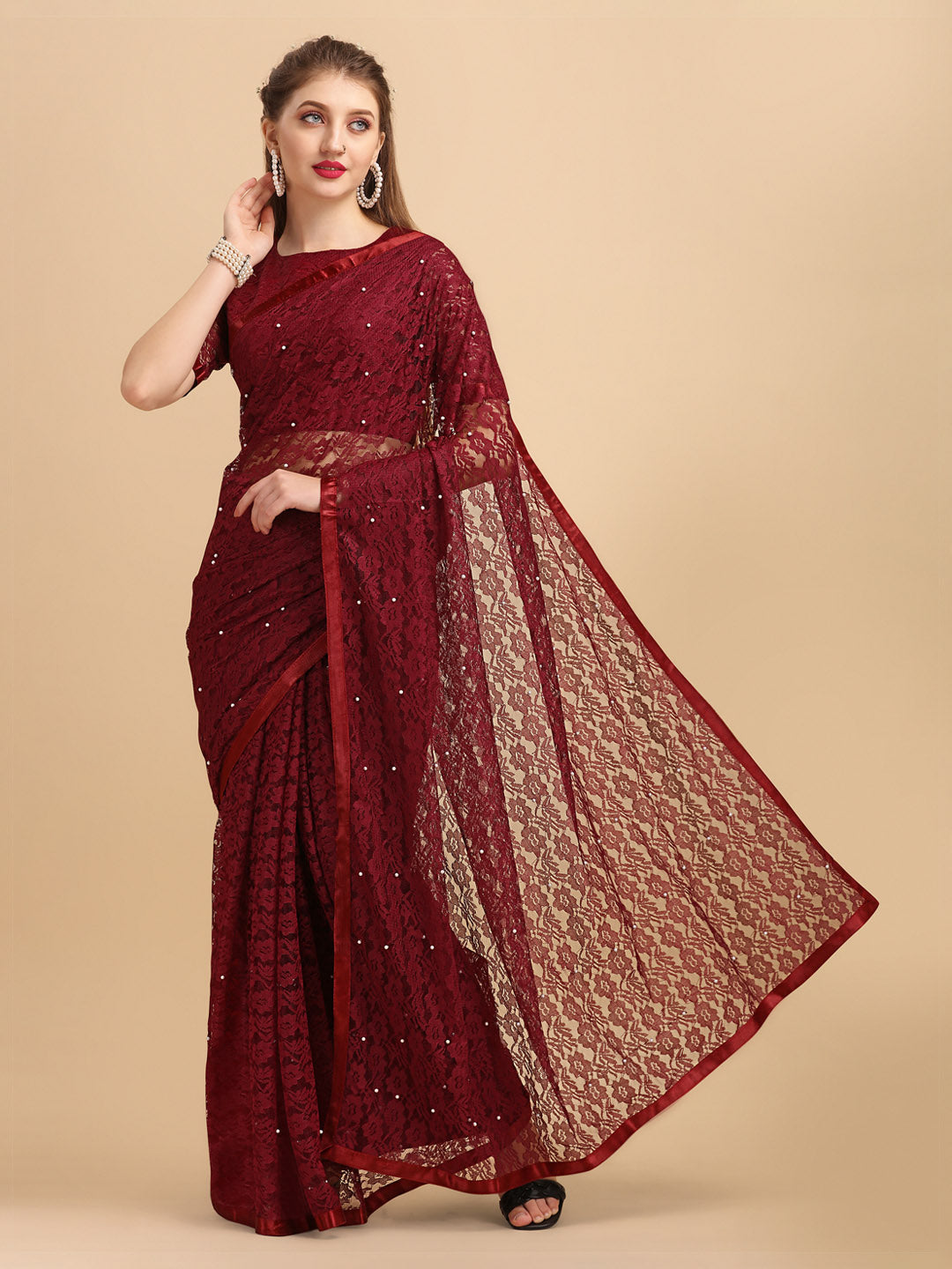 Sangria Maroon Floral Self Design Lace Saree - Distacart