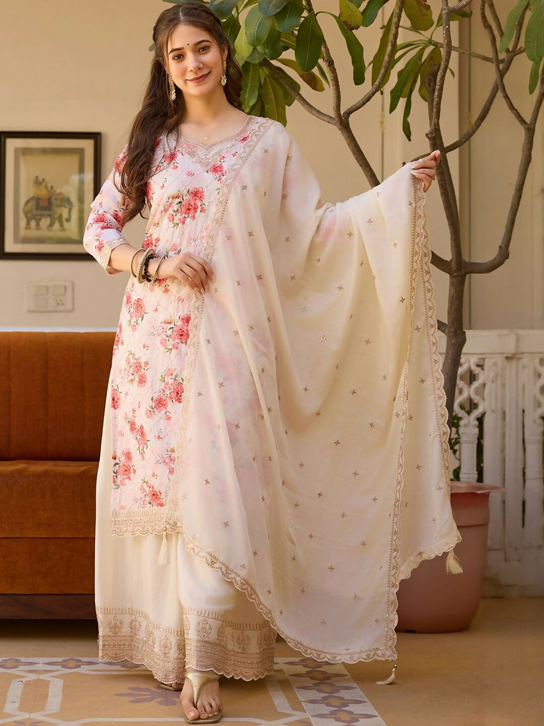 The52 White Women's Gorgeous Embroidered Chinon Fabric Straight Kurta Palazzo and Dupatta Set - Distacart