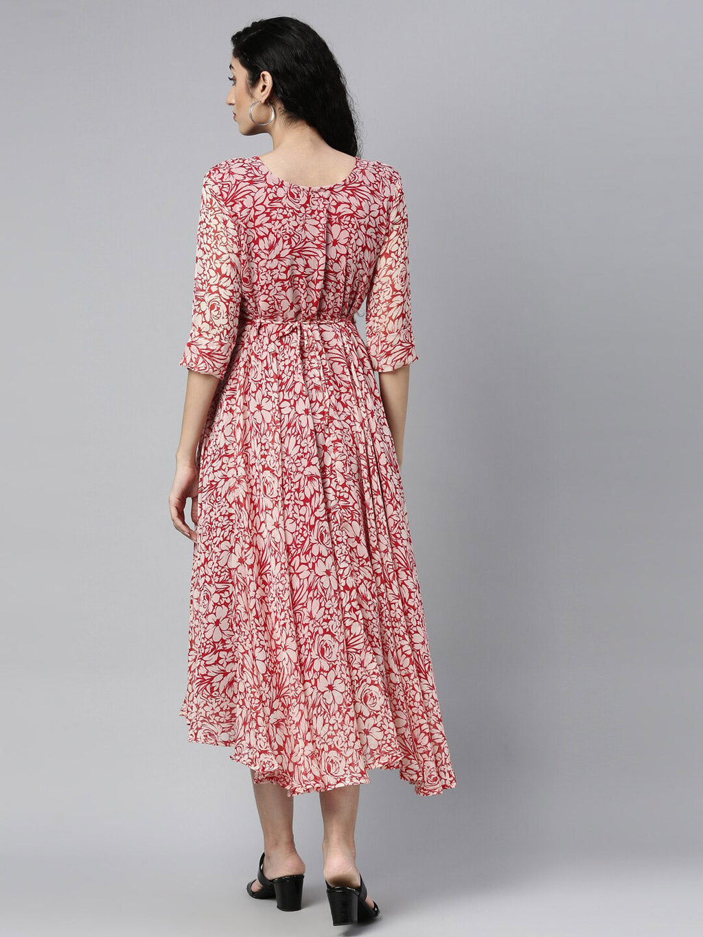 Souchii White & Red Floral Layered Chiffon Beautiful Midi Dress - Distacart