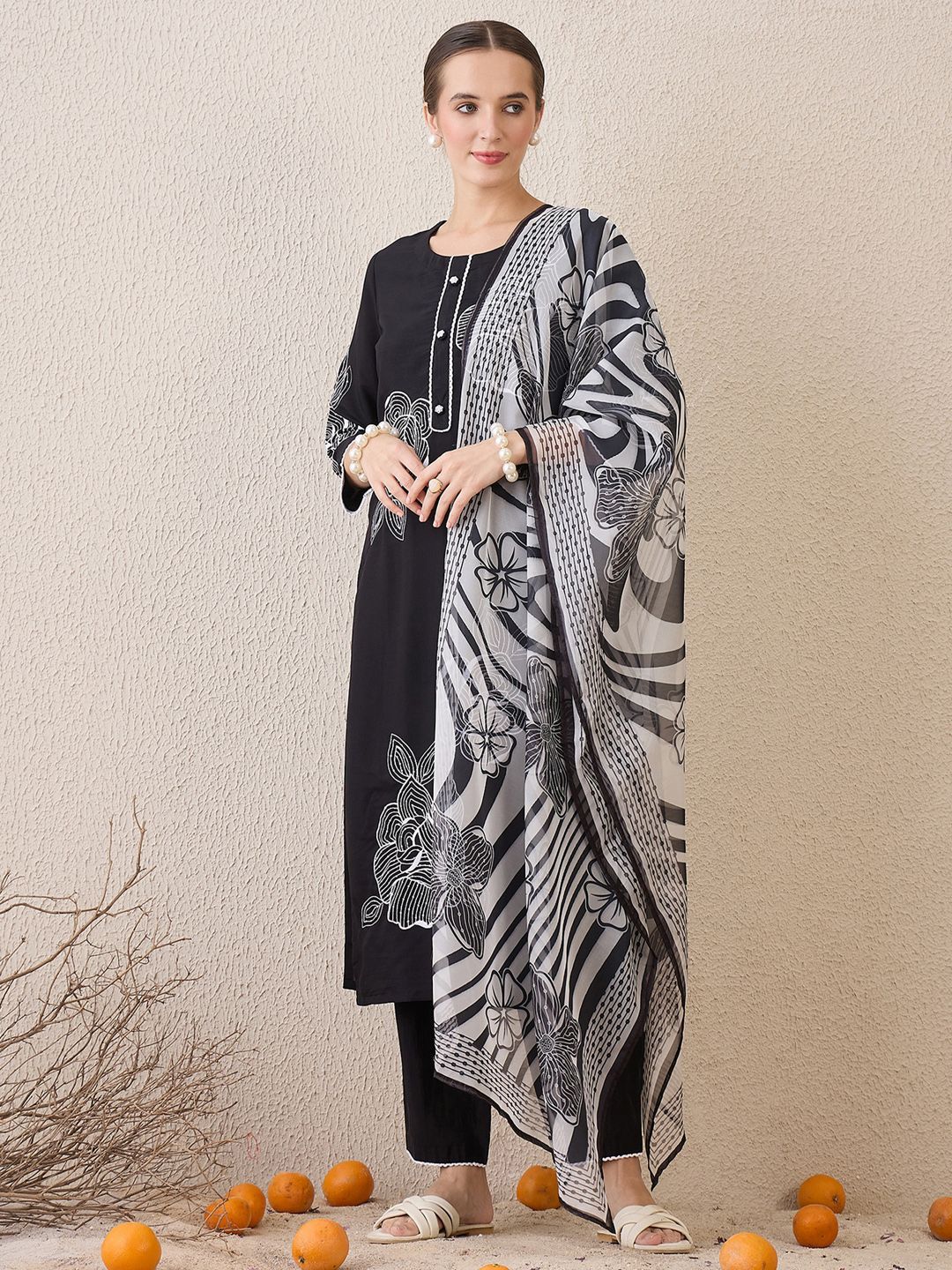 Indo Era Floral Embroidered Round Neck Sequinned Linen Kurta With Trousers & Dupatta - Distacart