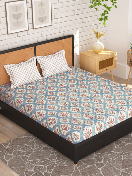 Story@home Cream-Coloured & Pink Floral Microfiber 180 TC Queen Bedsheet & 2 Pillow Covers