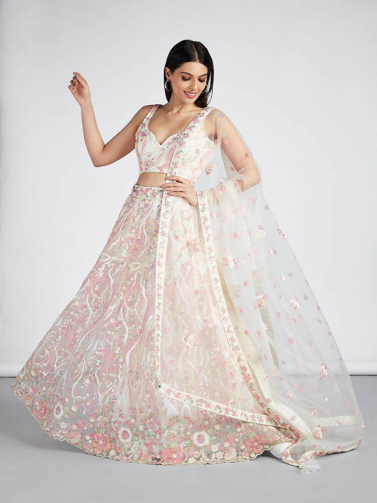 House of Panchhi Cream Net Sequins And Thread Embroidery Lehenga Choli & Dupatta