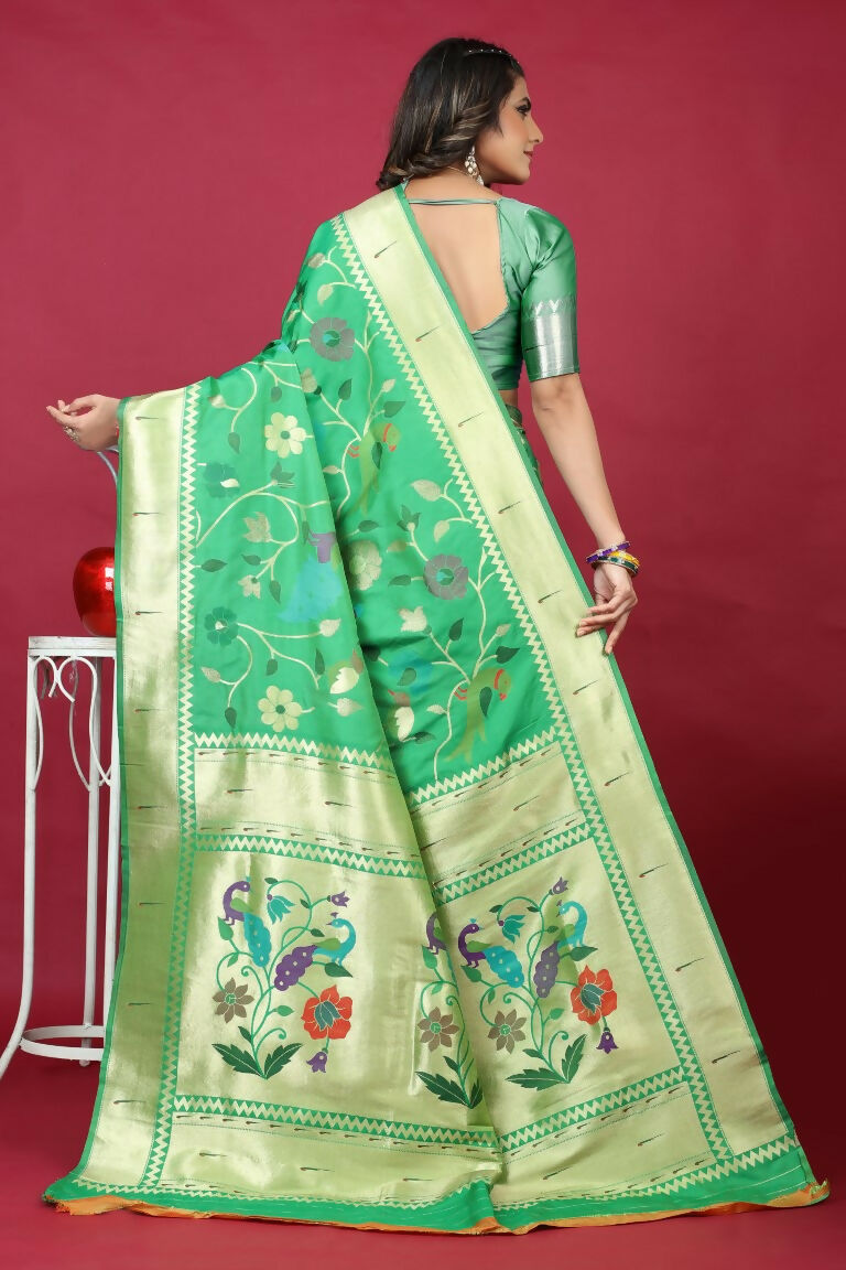 Jyoti Fashion Women's Green Paithani Silk Zari Woven Saree with Blouse