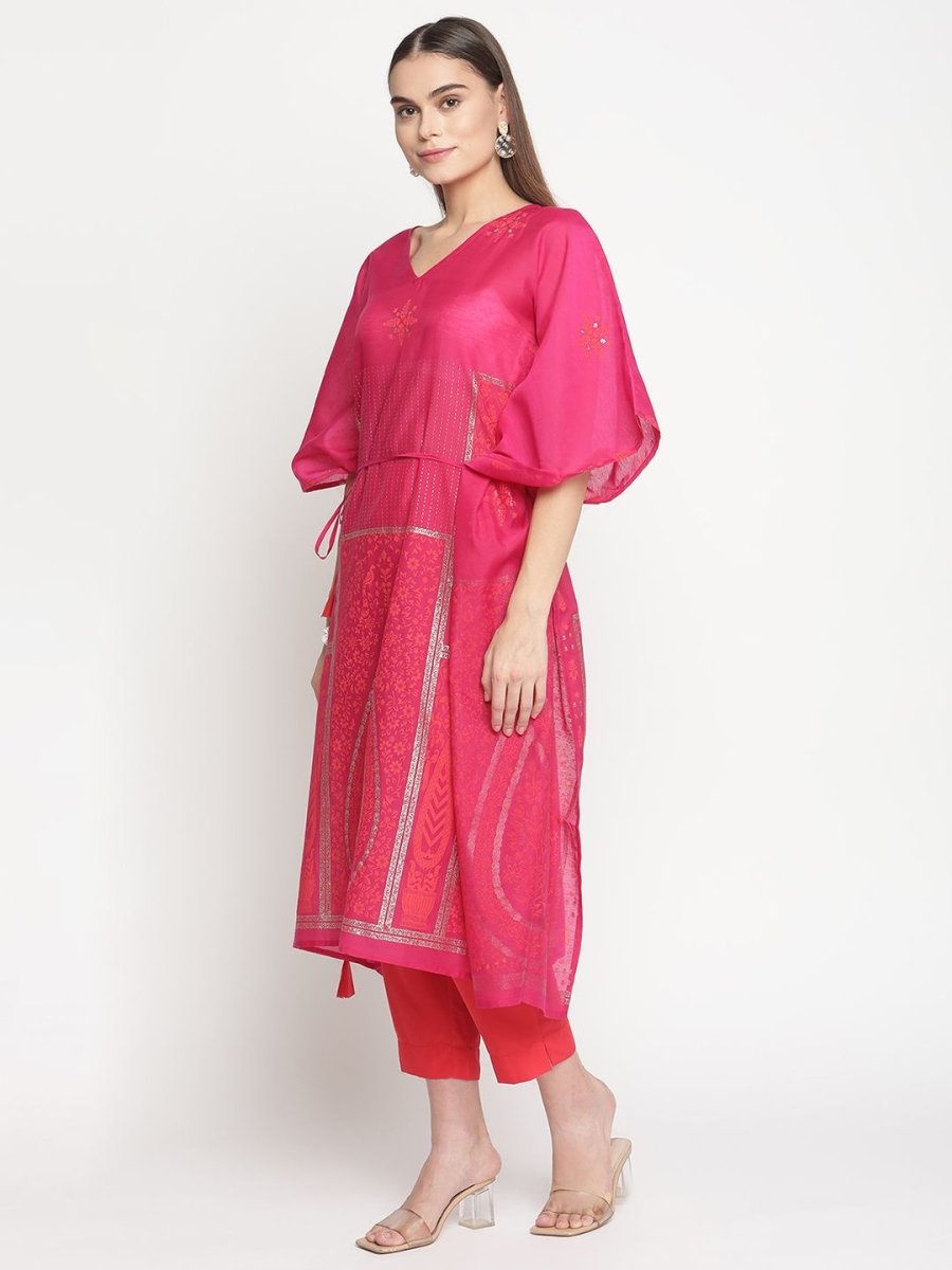 Ahalyaa Pink Chanderi Orange khari Print Kaftan With Trouser
