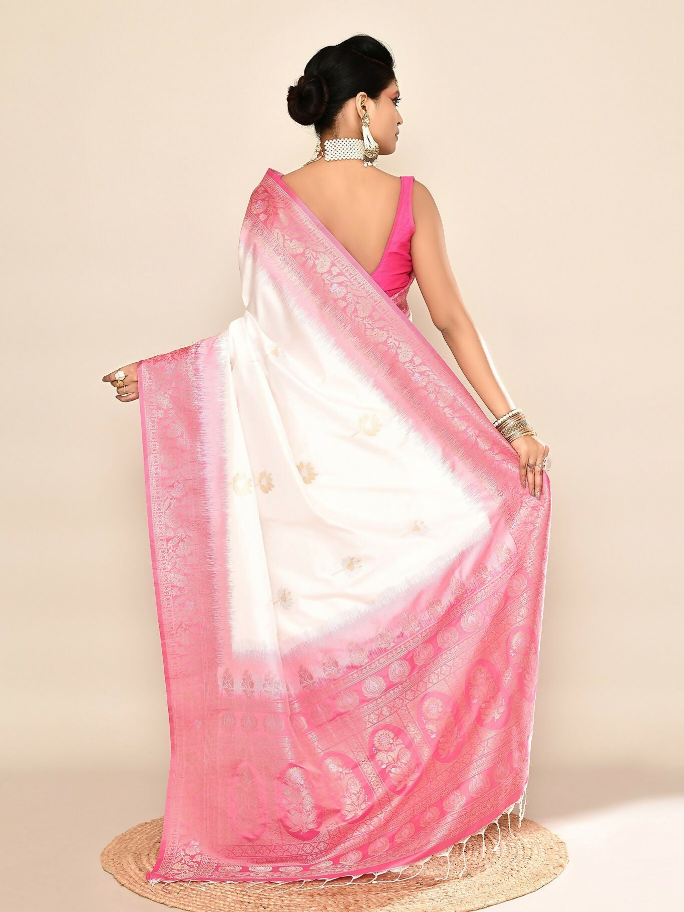 Joban Fashion White & Rani Pink Plain With Weaving Border Banarasi Silk Sarees