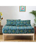 Chumbak Blue & Yellow Ethnic Motifs 136 TC Queen Bedsheet with 2 Pillow Covers