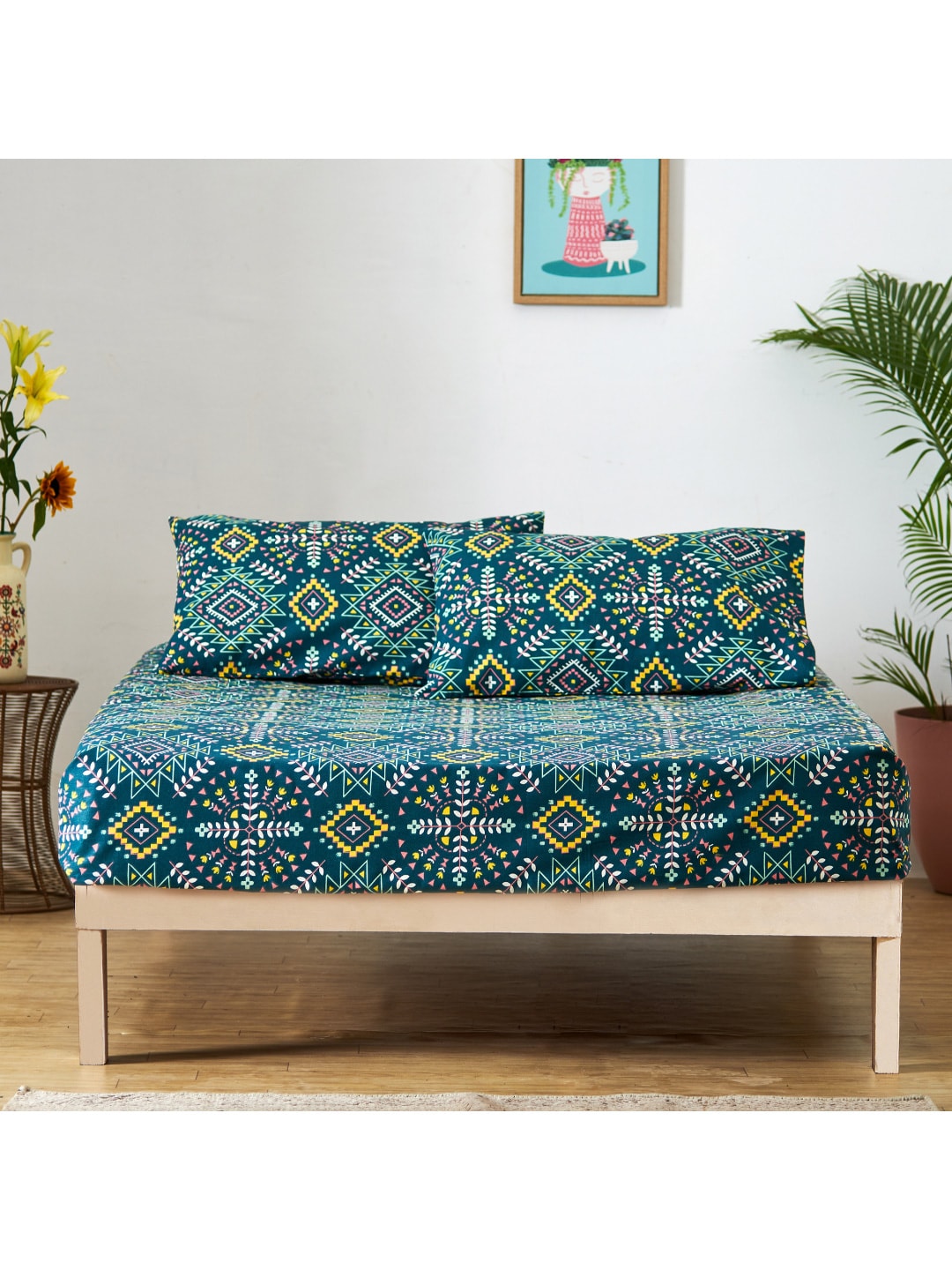 Chumbak Blue & Yellow Ethnic Motifs 136 TC Queen Bedsheet with 2 Pillow Covers