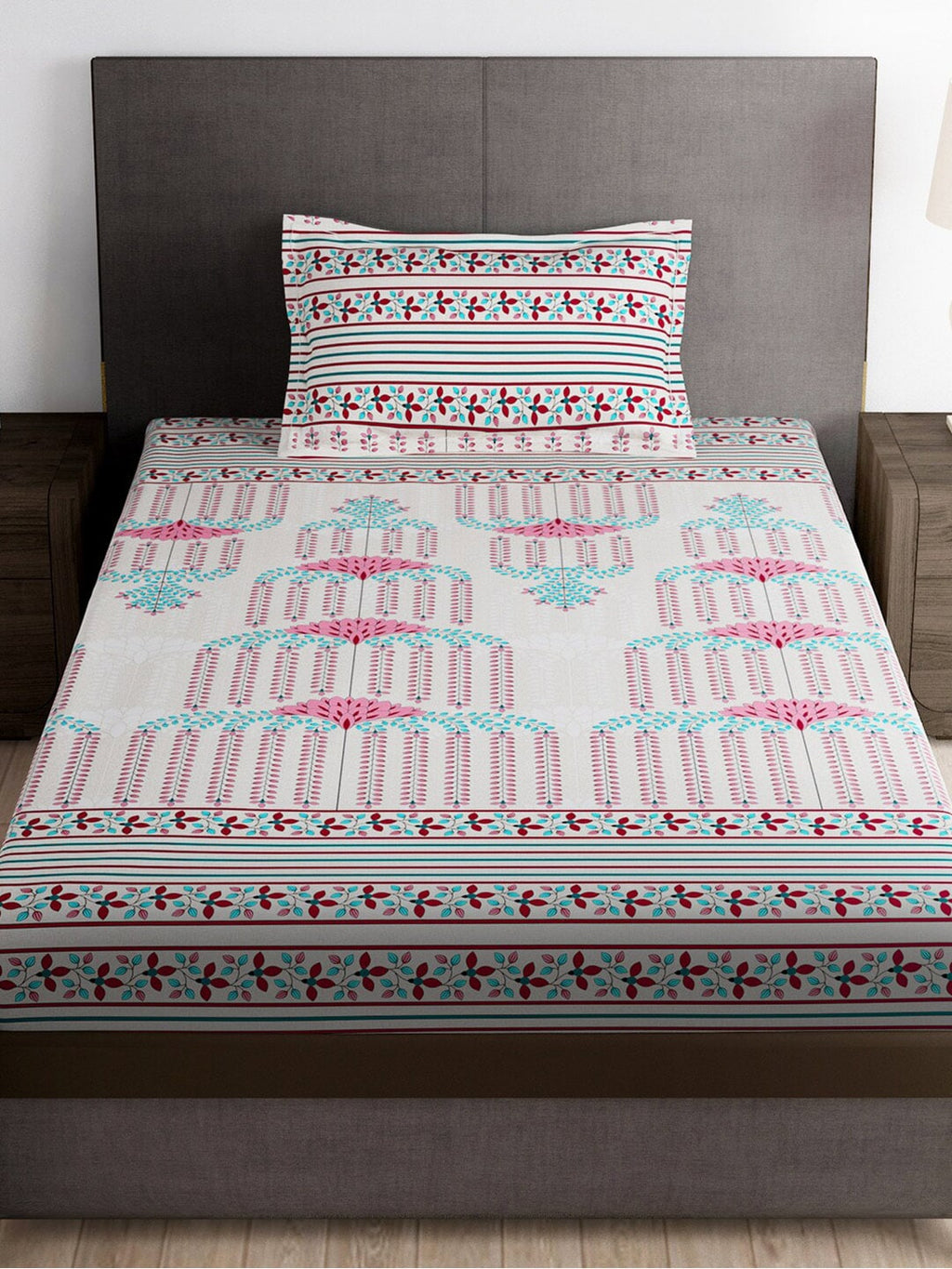 Story@home Grey & Pink Ethnic Motifs 180 TC Bedsheet with Pillow Cover - Distacart