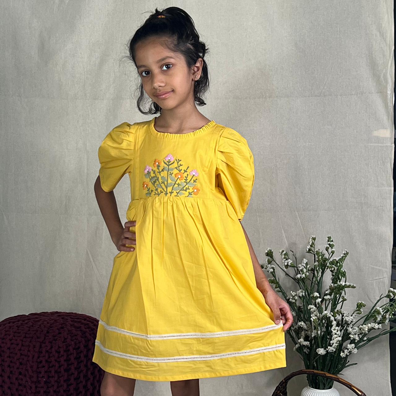 ArthLife Yellow Flower Embroidered Dress