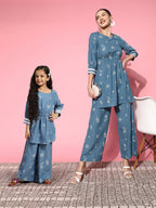 Sangria Women Blue Ethnic Motifs Printed Empire Pure Cotton Kurta with Palazzos
