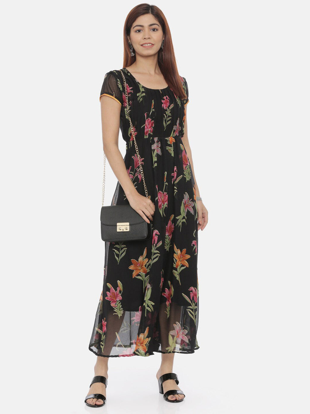 Souchii Round Neck Floral Printed Chiffon Maxi Dress - Distacart