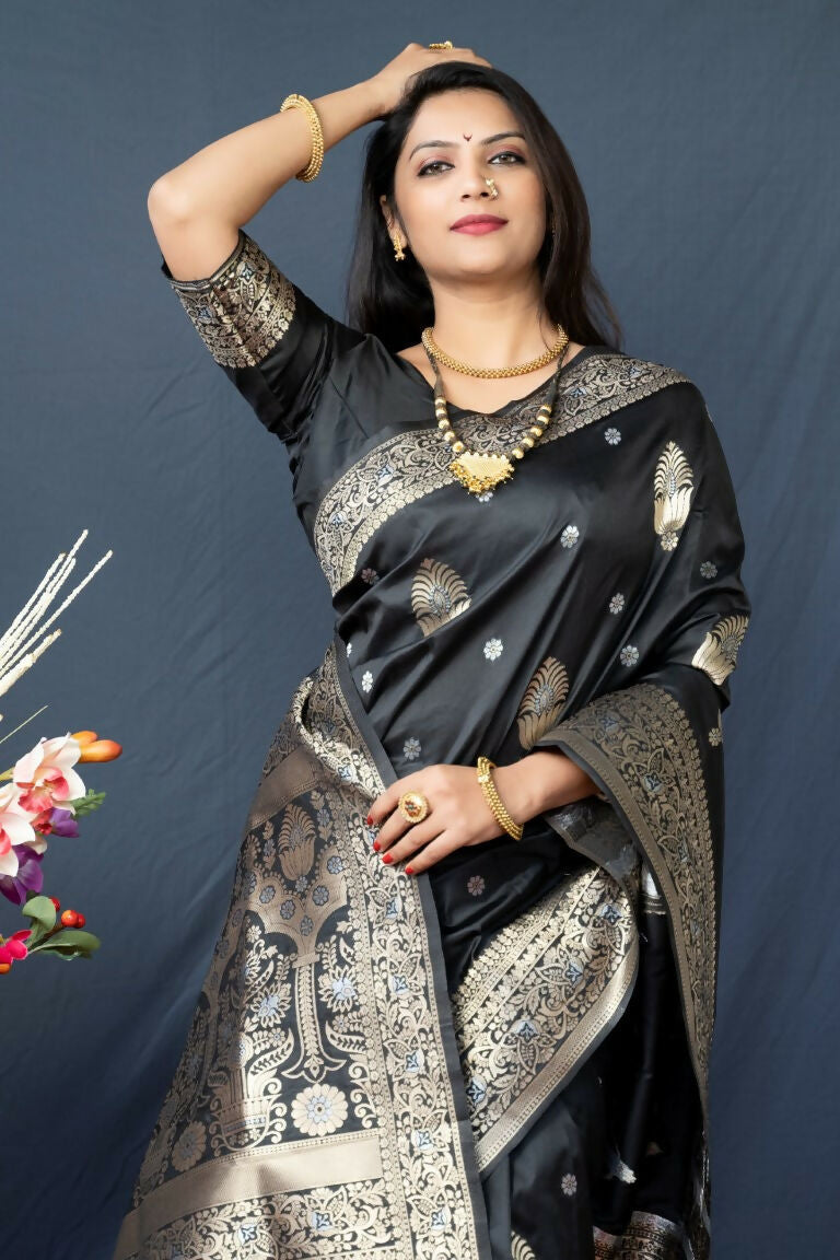 Jyoti Fashion Women's Black Paithani Silk Zari Woven Saree with Blouse - Distacart