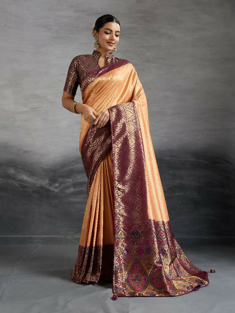 PR Fashion Coffee Kanjivaram Soft Silk Kadiyal Pattern Double Zari Woven Patta, Meenakari Woven Pallu Saree