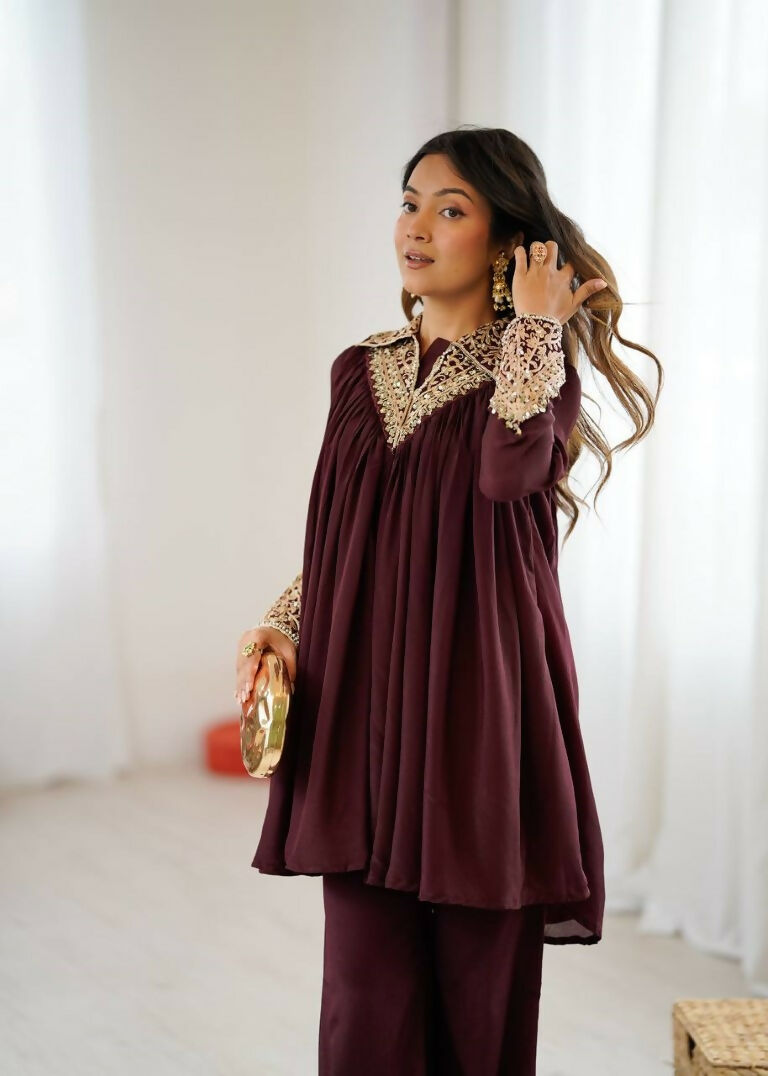 Teeya Creation Maroon Heavy Chinnon Silk Embroidery Work Plazo pair - Distacart