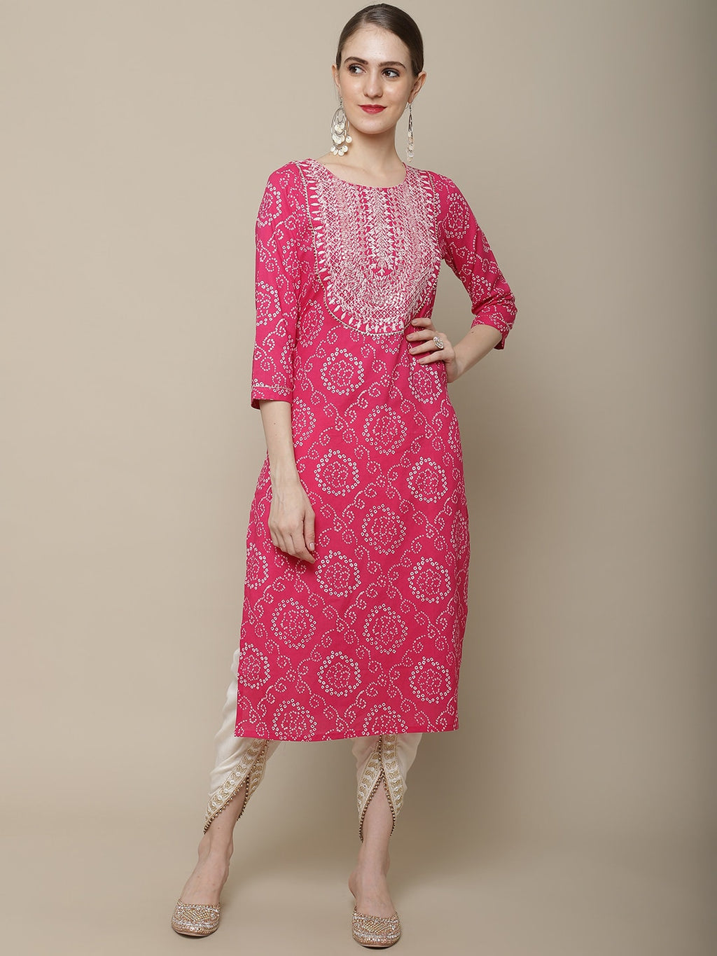 Sangria Women Pink & White Bandhani Printed Thread Work Kurta
