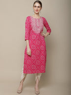 Sangria Women Pink & White Bandhani Printed Thread Work Kurta
