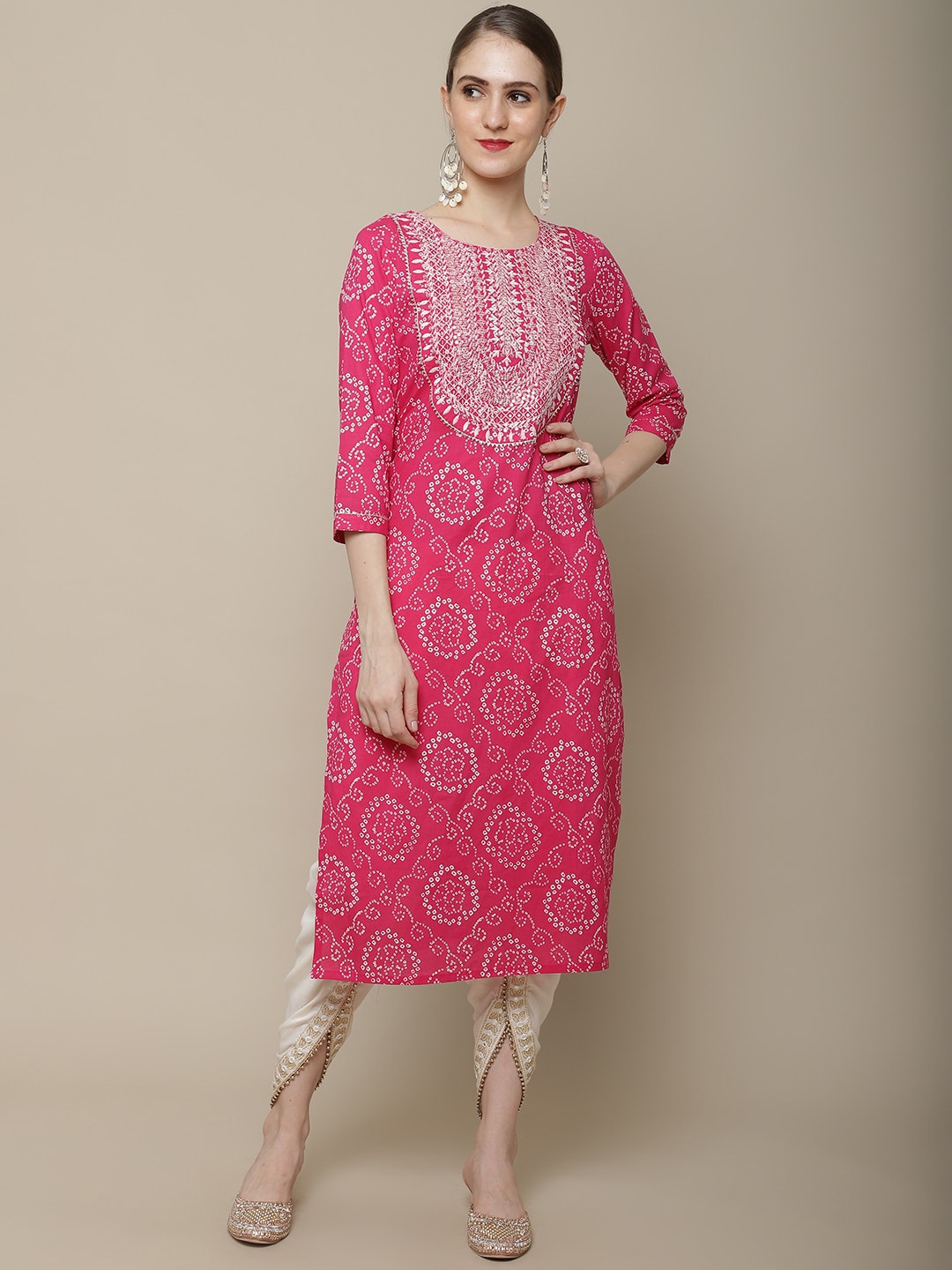 Sangria Women Pink & White Bandhani Printed Thread Work Kurta