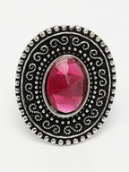 NVR Women's Pink Silver-Toned German Silver Adjustable Finger Ring