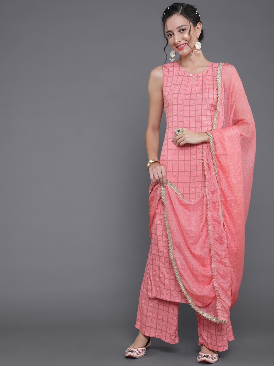 Aks Ethnic Motifs Printed Straight Kurta with Palazzos & Dupatta