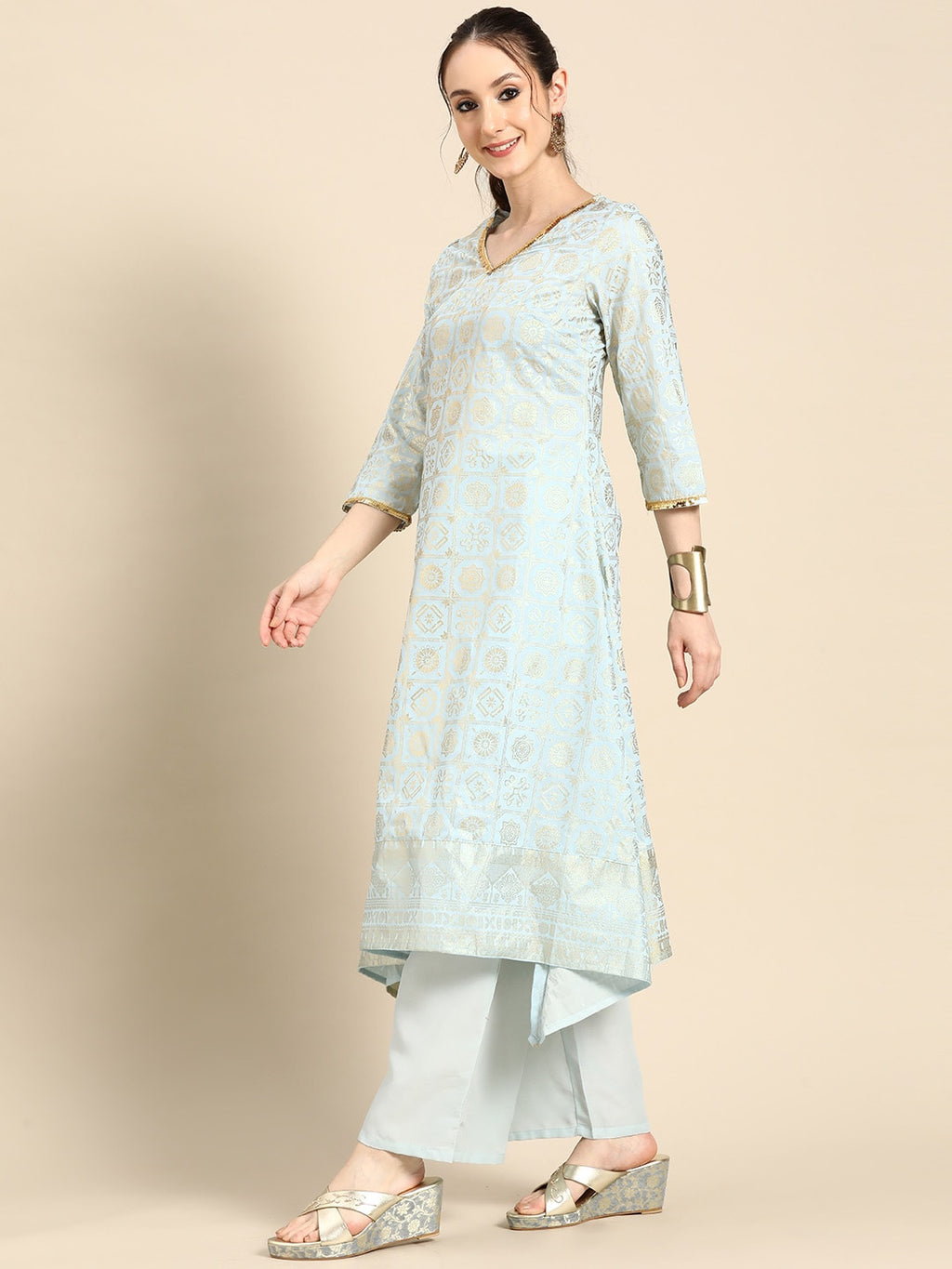 Sangria Gold-Toned Foil Printed Sequinned Detail A-Line Kurta with Palazzos