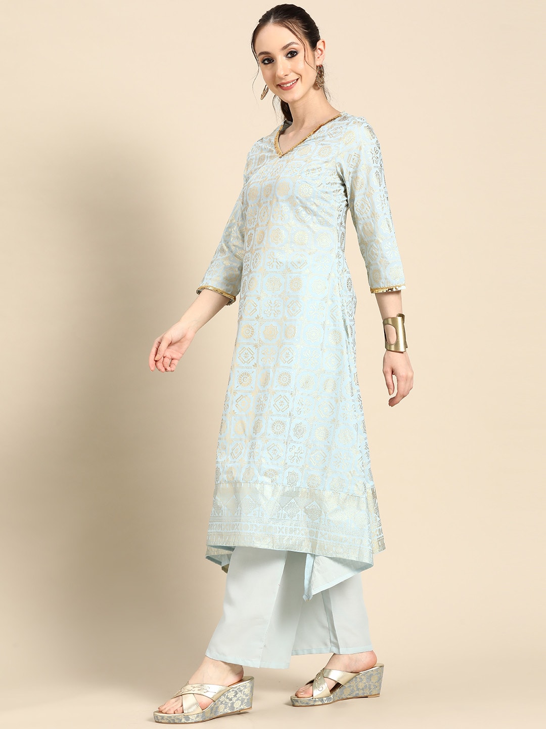 Sangria Gold-Toned Foil Printed Sequinned Detail A-Line Kurta with Palazzos