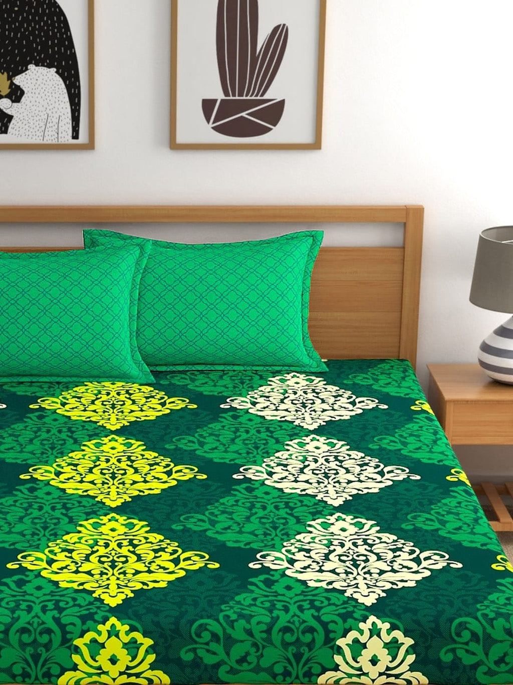 My Room Green & Yellow Ethnic Motifs 140 TC Super King Bedsheet with 2 Pillow Covers