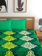 My Room Green & Yellow Ethnic Motifs 140 TC Super King Bedsheet with 2 Pillow Covers