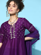Sangria Women Purple & Silver Ethnic Motifs Gotta Patti Kurta with Palazzos & Dupatta