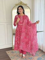 The52 Women's Beautiful Rayon Fabric Printed Work Flared Kurta Pant and Dupatta Set - Distacart
