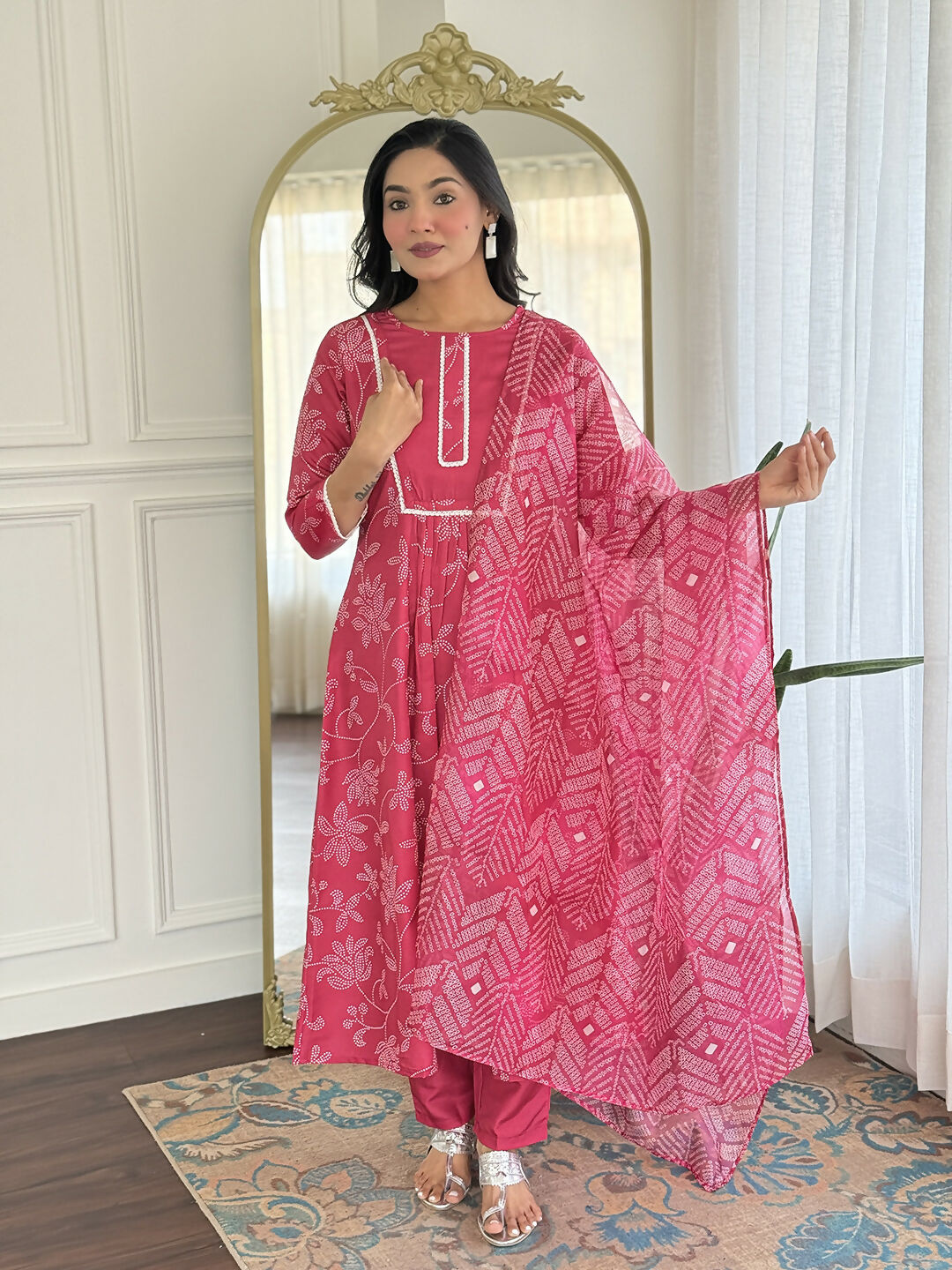 The52 Women's Beautiful Rayon Fabric Printed Work Flared Kurta Pant and Dupatta Set - Distacart
