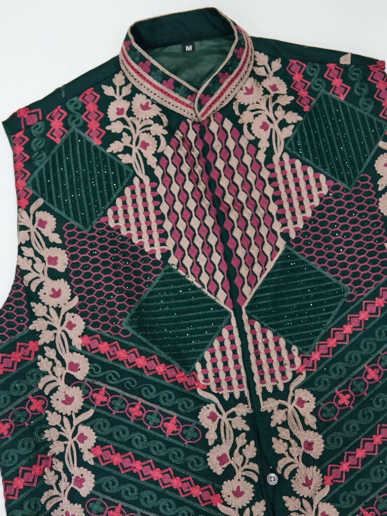 Vastranavya Green Exclusive Festival Viscose Silk Thread & Swarovski Embroidered Work Mens Wear Kurta & Koti