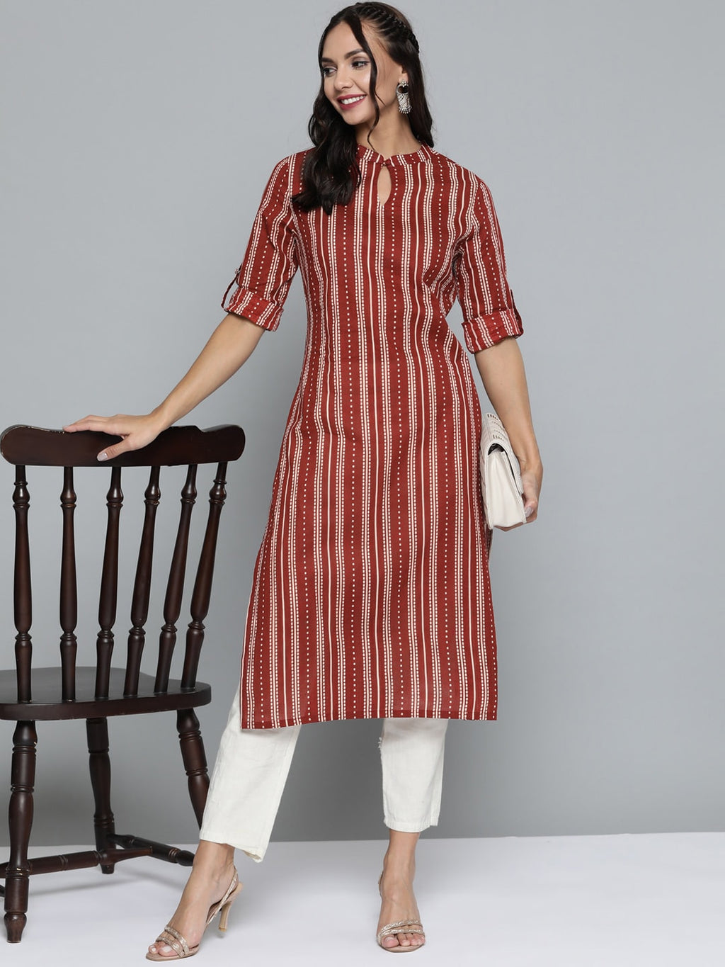HERE&NOW Women Rust Red & Off-White Pure Cotton Striped Keyhole Neck Straight Kurta