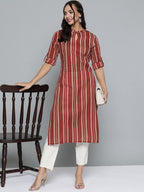 HERE&NOW Women Rust Red & Off-White Pure Cotton Striped Keyhole Neck Straight Kurta