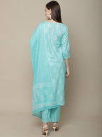 Sangria Women Blue & White Embroidery Printed Kurta Set