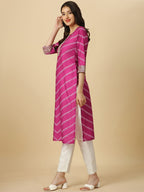 HERE&NOW Pink & White Bandhani Printed Sequinned Straight Kurta