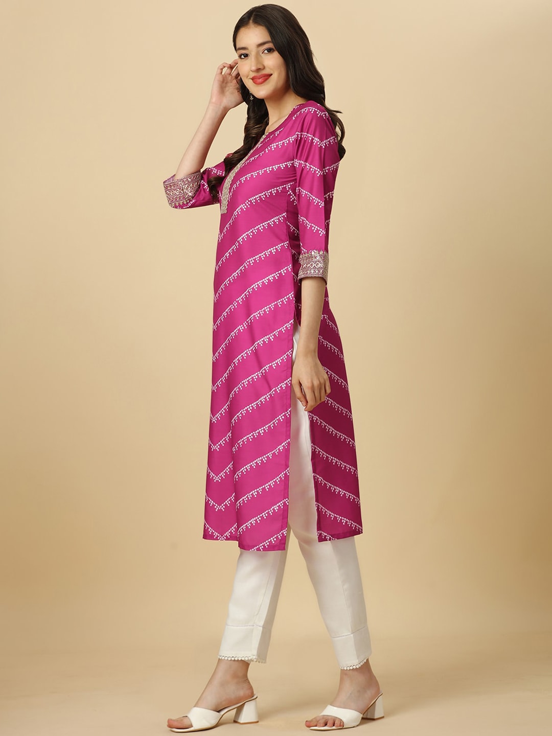 HERE&NOW Pink & White Bandhani Printed Sequinned Straight Kurta