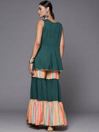 Ahalyaa Green Yoke Geometric Printed High Slit Sequinned Kurti with Sharara - Distacart