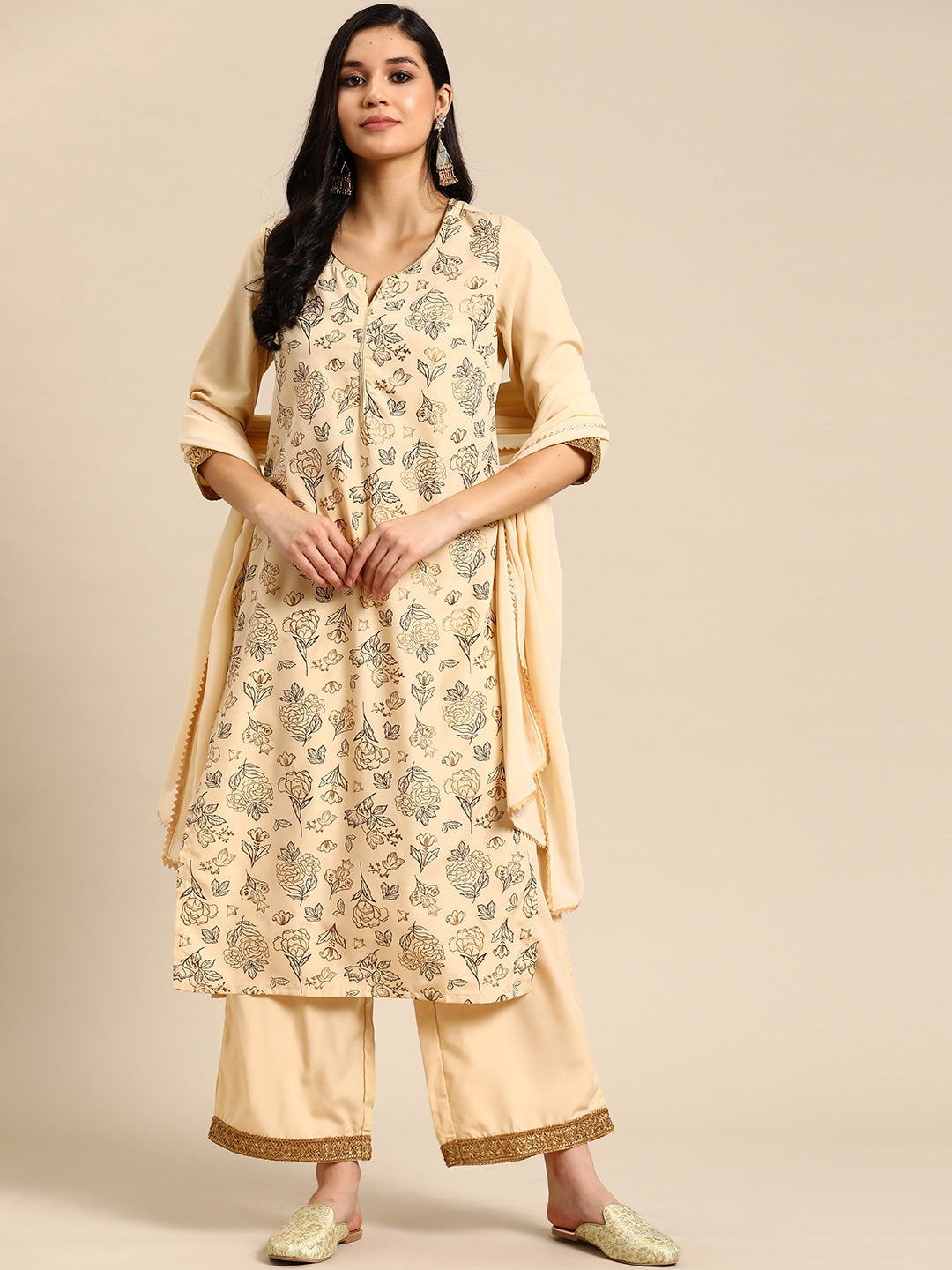 Sangria Floral Printed Lace Detail Kurta with Palazzos & Dupatta