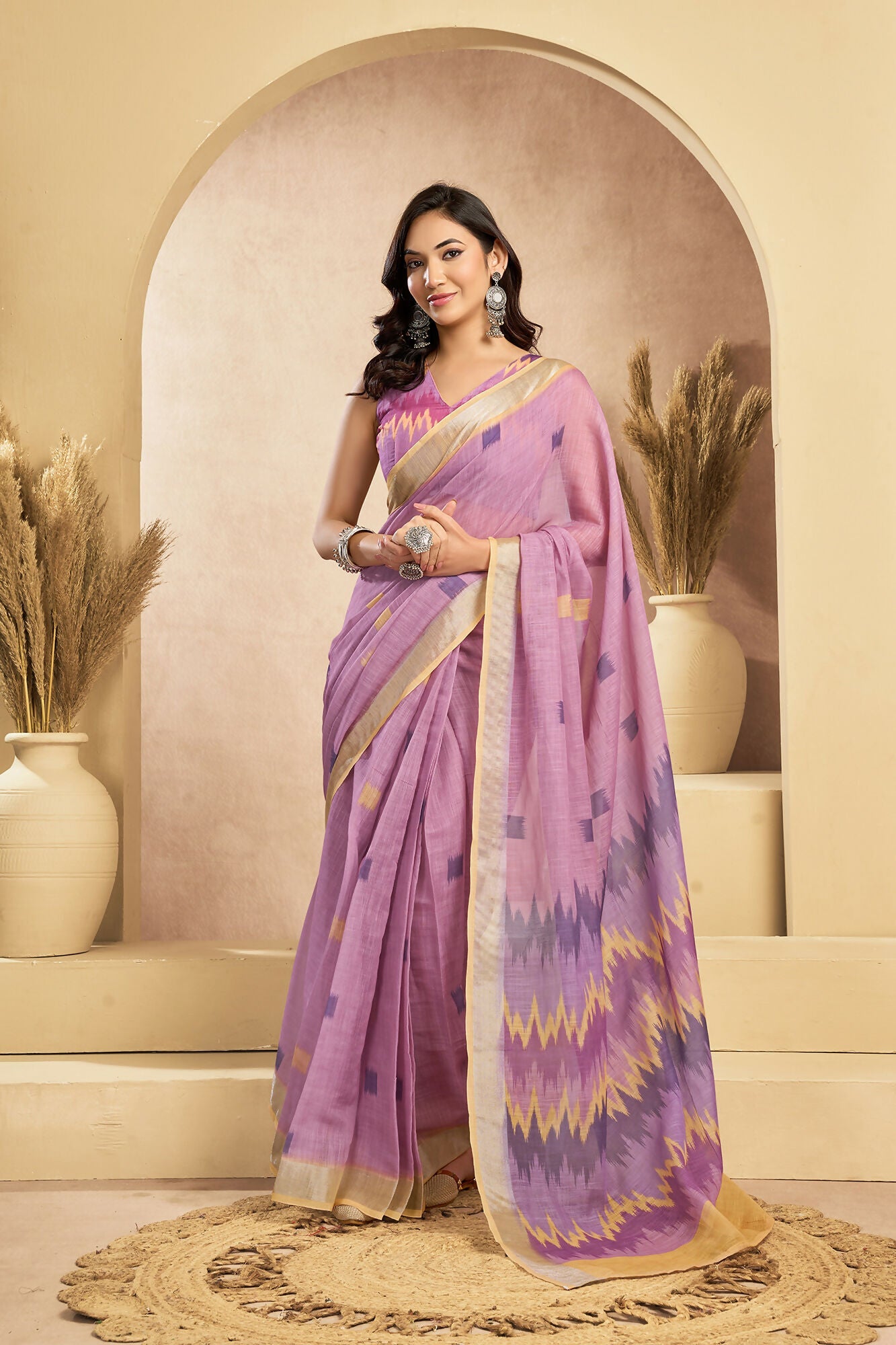 Vastranavya Onion Pink Digital Printed Linen Ready To Wear Pocket Saree with Unstitched Blouse - Distacart