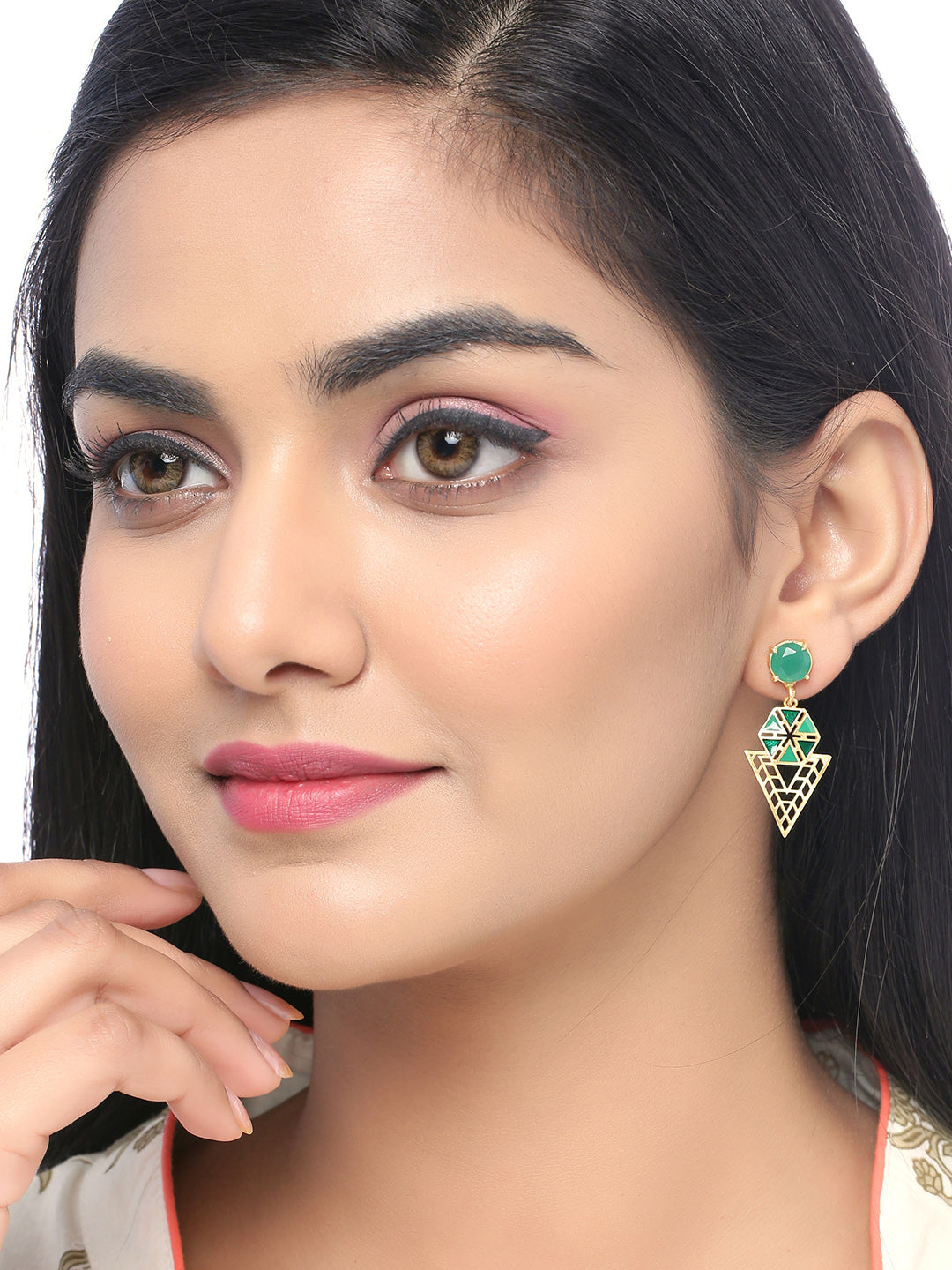 Shoshaa Green Gold Plated Enamelled Contemporary Drop Earrings - Distacart