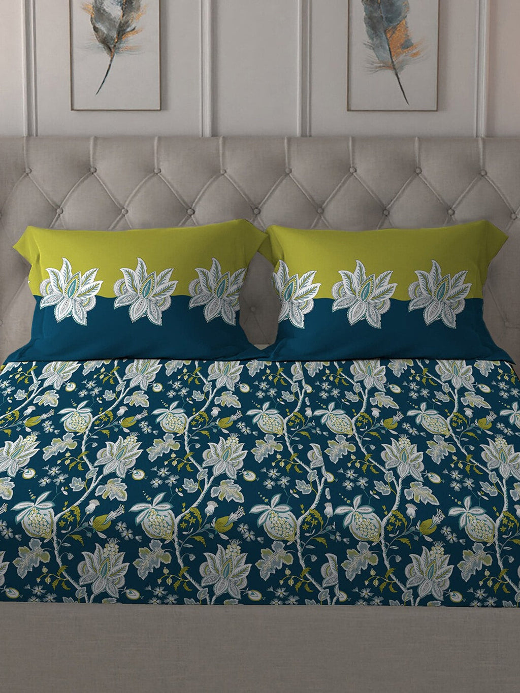 MYTRIDENT Blue White Floral Cotton 144 TC Queen Bedsheet With 2 Pillow Covers - Distacart