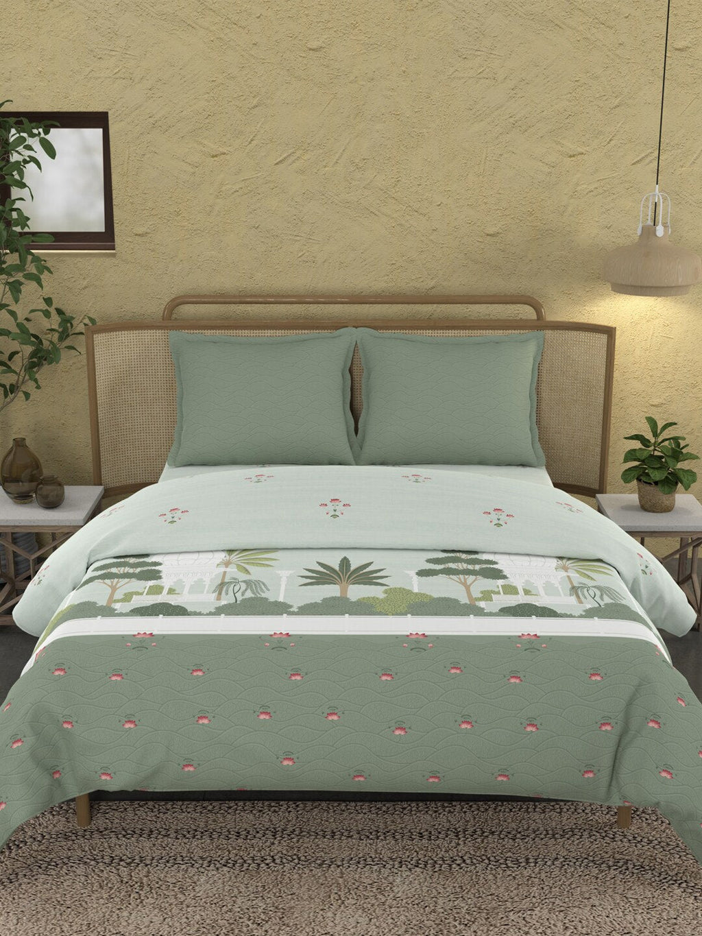 MYTRIDENT Green & White Ethnic Motifs Cotton 144 TC King Bedsheet With 2 Pillow Covers