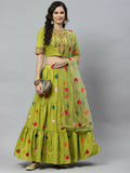 Green Cotton Embroidered Work Lehenga Choli with Dupatta - Jivika