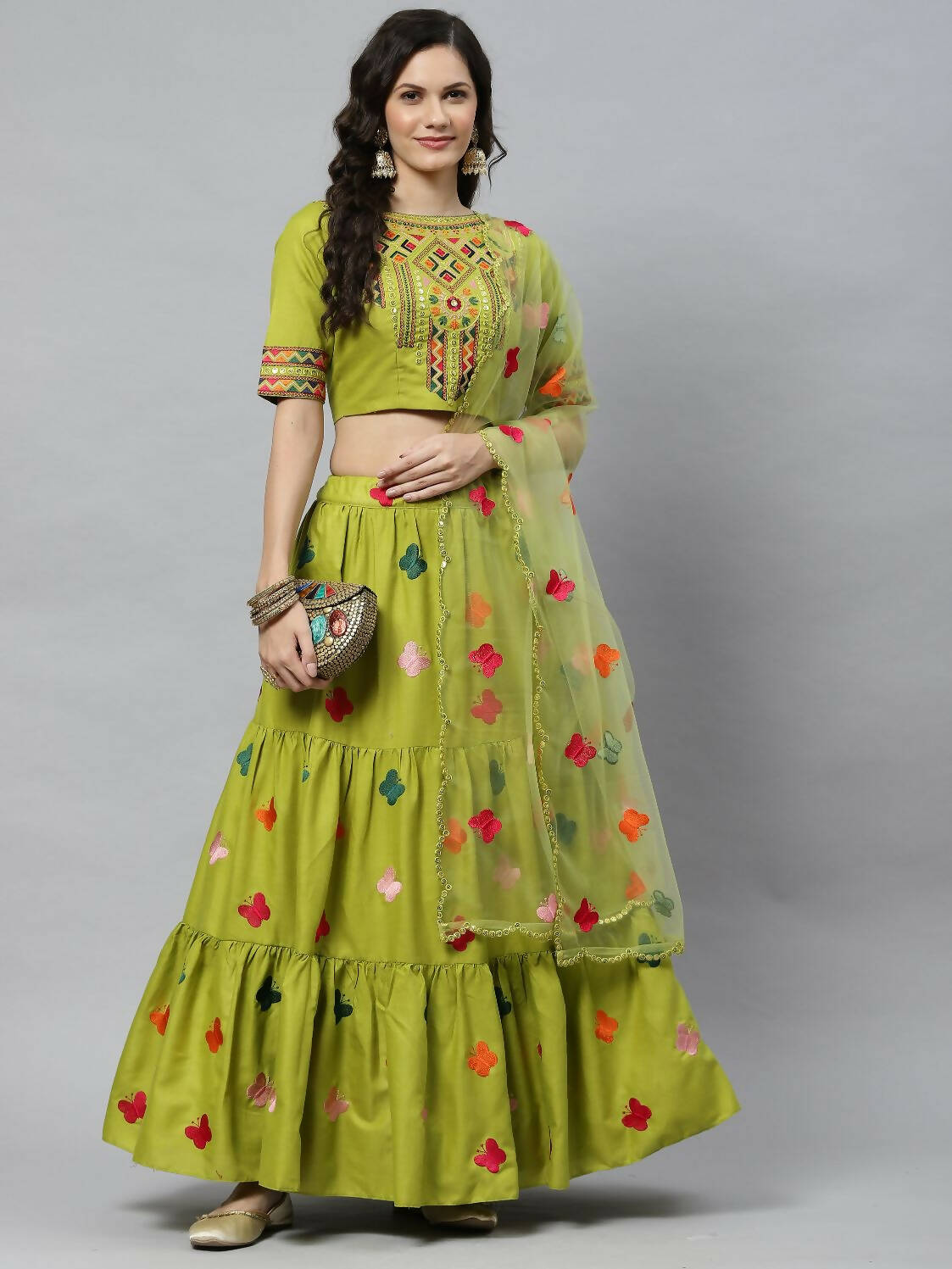 Green Cotton Embroidered Work Lehenga Choli with Dupatta - Jivika