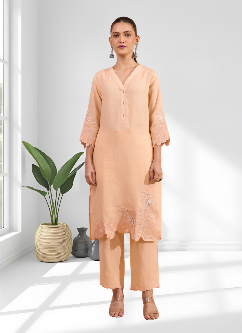 Joban Fashion Coral Linen Embroidered Readymade Long Kurta With Pant - Distacart