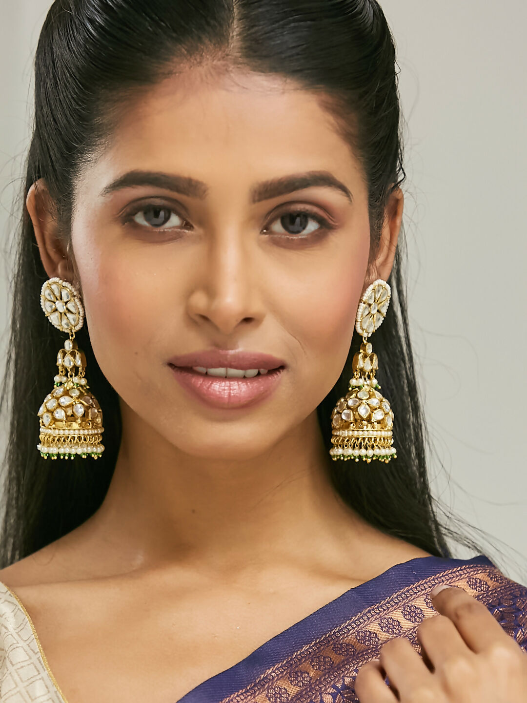 Nuyug 22K Gold-Plated Kundan Stone Studded & Pearl Beaded Dome Shaped Jhumkas - Distacart