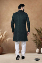 Joban Fashion Men's Green Straight Silk Thread & Sequence Embroidery All Over Indo-Western Kurta Set