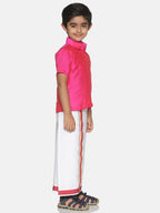Sethukrishna Pink & White Solid Shirt and Veshti Set