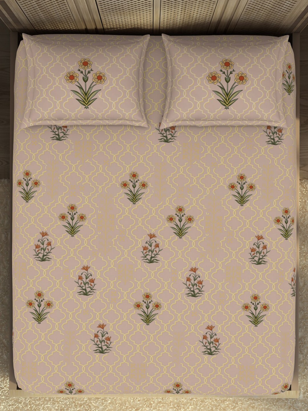 SPACES Pink & Green Ethnic Motifs Cotton 210 TC King Bedsheet With 2 Pillow Covers