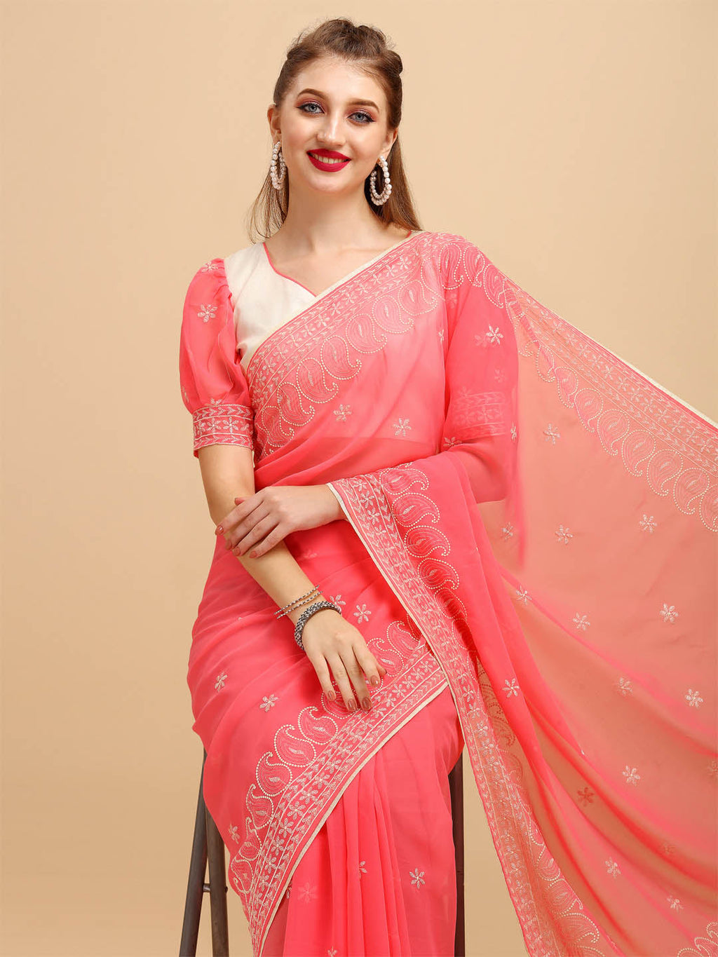 Sangria Rose & Gold-Toned Floral Chikankari Silk Blend Saree